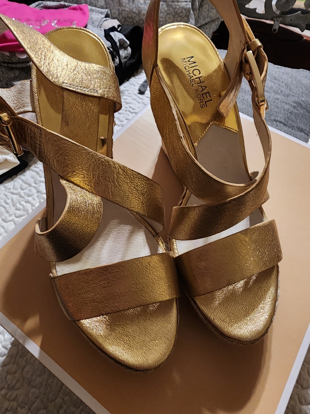 MICHAEL Michael Kors Metallic Gold Strappy Wedge Sandals